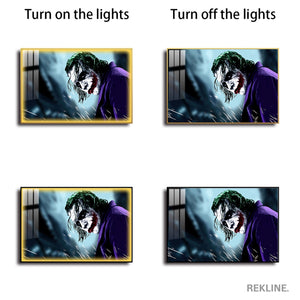 LED-Enhanced Joker Portrait Canvas | Glow in The Dark Horizontal Painting | Horizontal LED Canvas 150×100 cm | Crystal-Porcelain, Gold / Black Frame | By REKLINE