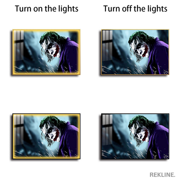 LED-Enhanced Joker Portrait Canvas | Glow in The Dark Horizontal Painting | Horizontal LED Canvas 150×100 cm | Crystal-Porcelain, Gold / Black Frame | By REKLINE