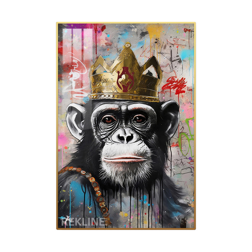 Chimpanzee wearing a golden crown against a graffiti background, glowing with LED light on canvas