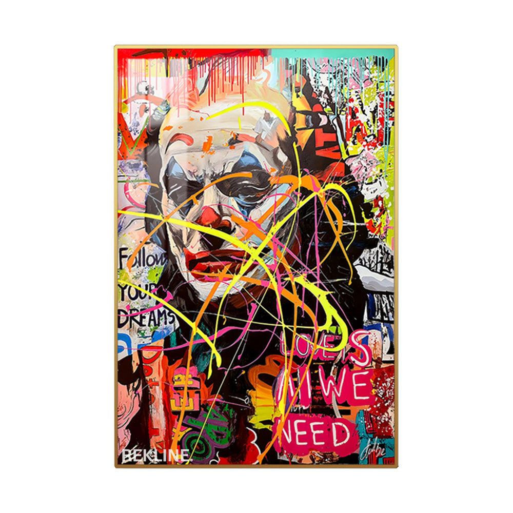 Graffiti Wall Art | Colourful Joker LED Canvas in Gold or Black Frame | 100×150 cm Pop Street Style for Bold Interiors | By REKLINE