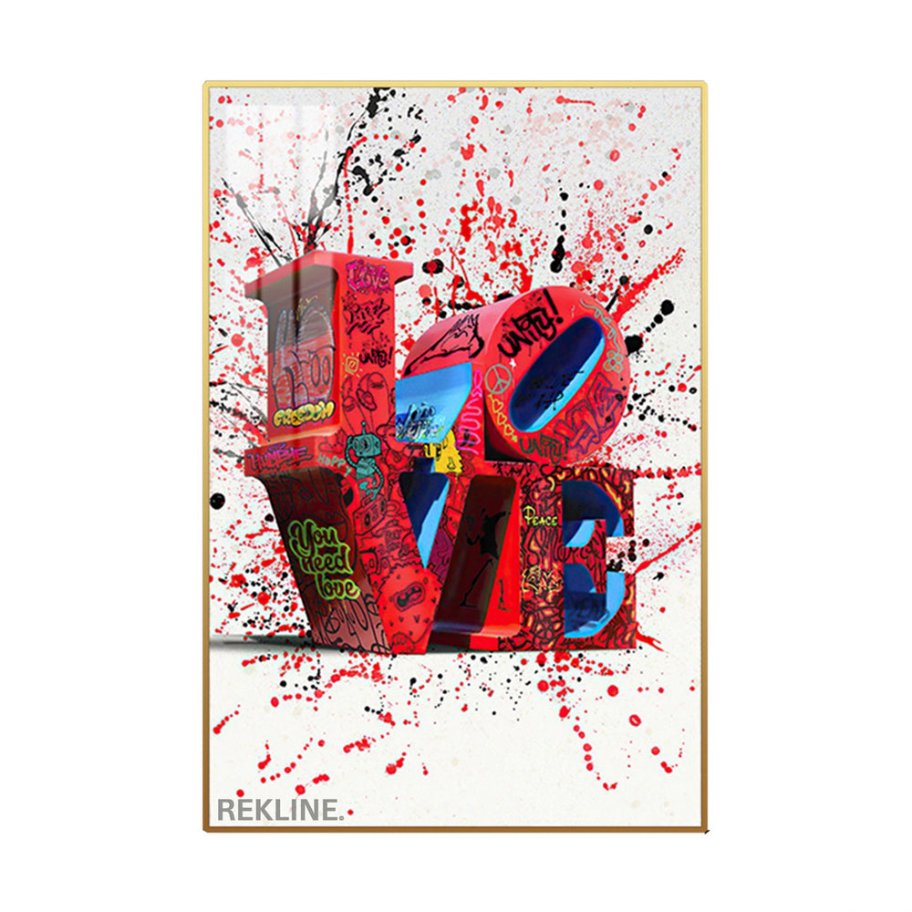 Red graffiti “LOVE” letters splattered with paint on a white background, backlit by LED strips in a sleek gold frame