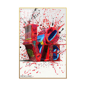 Red graffiti “LOVE” letters splattered with paint on a white background, backlit by LED strips in a sleek gold frame