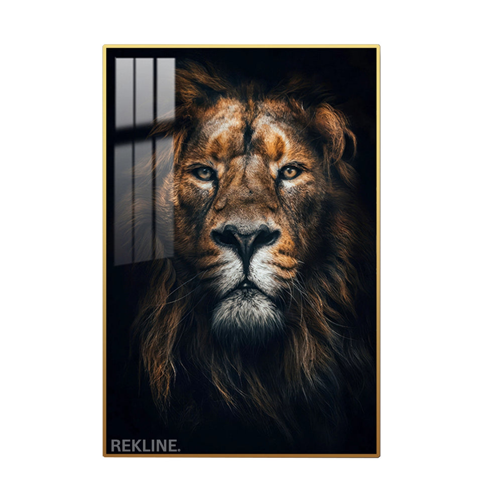 Close-up portrait of a lion’s face, illuminated by LED backlight on canvas