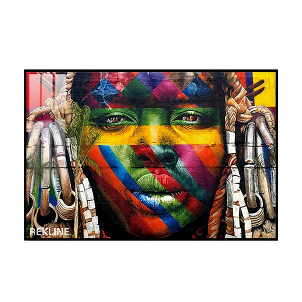 Abstract painting of a woman’s face with colorful tribal stripes on a brick-red background, backlit by hidden LEDs