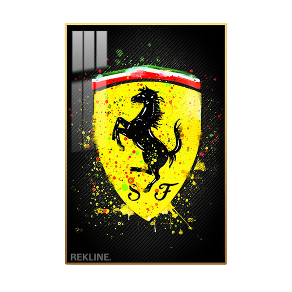 Ferrari Logo LED Canvas | Ferrari Painting | 100×150 cm LED-Illuminated Crystal-Porcelain, Gold/Black Frame | By REKLINE