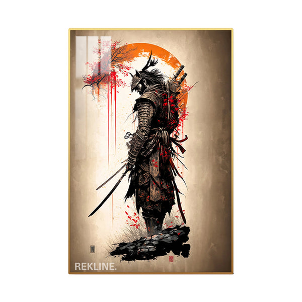 LED-Illuminated Samurai Warrior Canvas | 100×150 cm Crystal-Porcelain Painting, Gold / Black Frame | By REKLINE
