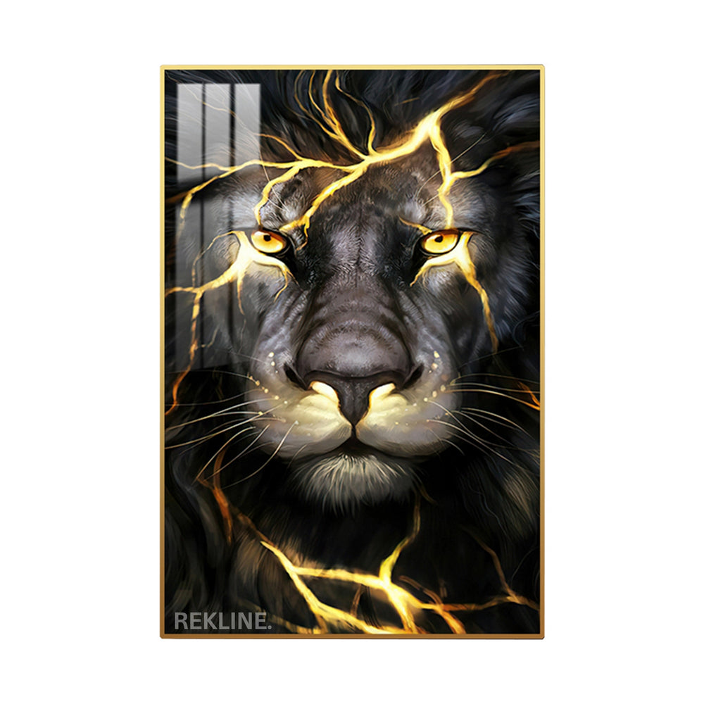 Abstract lion face in amber, magenta, and sapphire brushstrokes on charcoal canvas, glowing with LED backlight