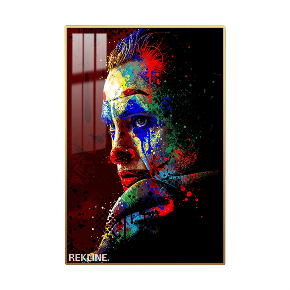 Joker Wall Art | LED Canvas with Splatter Detail & Gold or Black Frame | 100×150 cm Abstract Pop Villain Aesthetic | By REKLINE