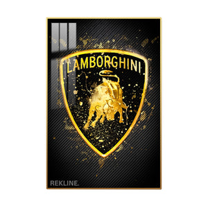 Lamborghini Logo LED Canvas | Lamborghini Painting | 100×150 cm LED-Illuminated Crystal-Porcelain, Gold/Black Frame | By REKLINE