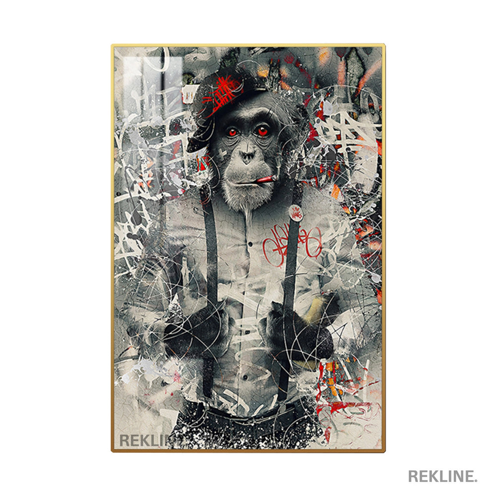 Graffiti Art Prints | LED Monkey Canvas in Gold or Black Frame | 100×150 cm Framed Urban Wall Decor | By REKLINE