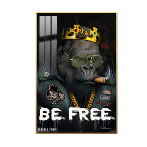 Close-up of a crowned gorilla smoking a cigar on LED-lit canvas with “BE FREE” graffiti background