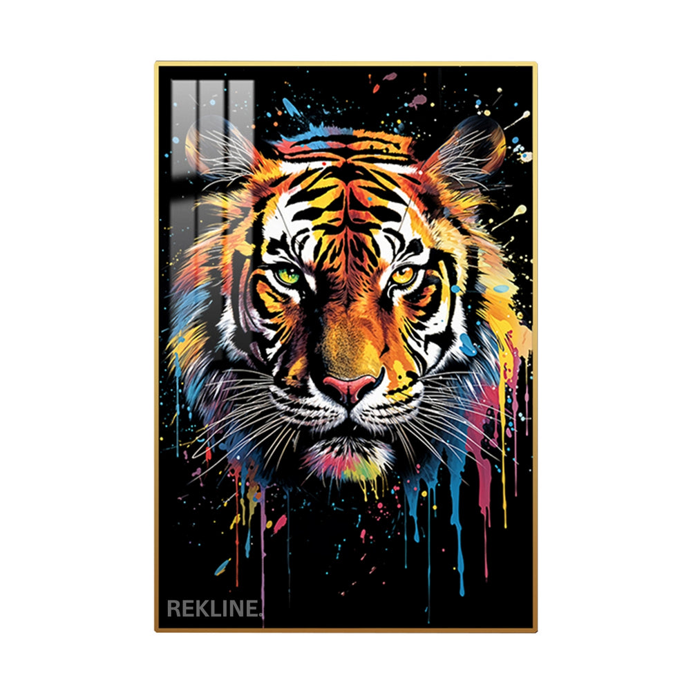 Vibrant Tiger LED Canvas | Tiger Face Painting | 100×150 cm LED-Illuminated Crystal-Porcelain, Gold/Black Frame | By REKLINE