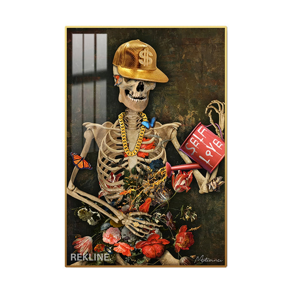 LED Skeleton Canvas Art | Self Love Skeleton Painting | 100×150 cm LED-Illuminated Crystal-Porcelain in Gold Frame | By REKLINE