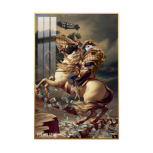 LED Conquest Canvas | “The World Is Yours” Horse & Rider Painting | 100×150 cm LED-Illuminated Crystal-Porcelain, Gold/Black Frame | By REKLINE