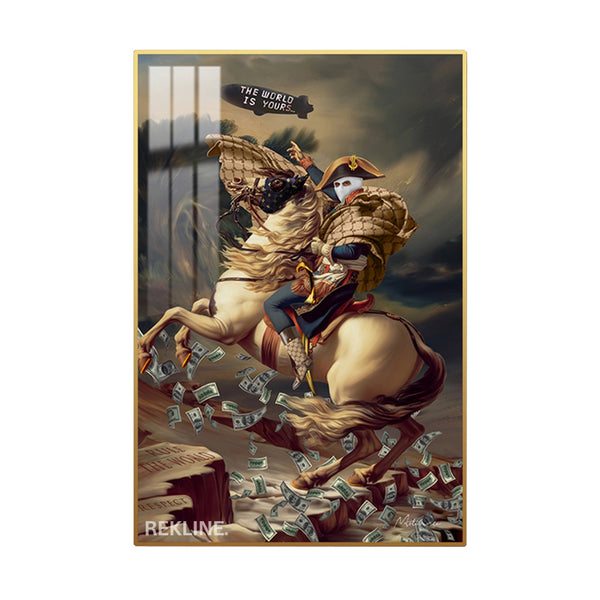 LED Conquest Canvas | “The World Is Yours” Horse & Rider Painting | 100×150 cm LED-Illuminated Crystal-Porcelain, Gold/Black Frame | By REKLINE