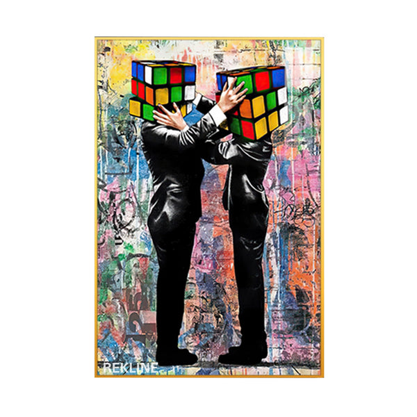Two suited figures embracing with Rubik’s cube heads on a graffiti-style canvas, glowing LED backlight