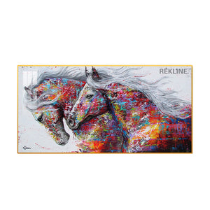 Horse Wall Art | 200×100 cm LED Canvas in Gold or Black Frame | Colourful Statement Piece for Large Spaces | By REKLINE