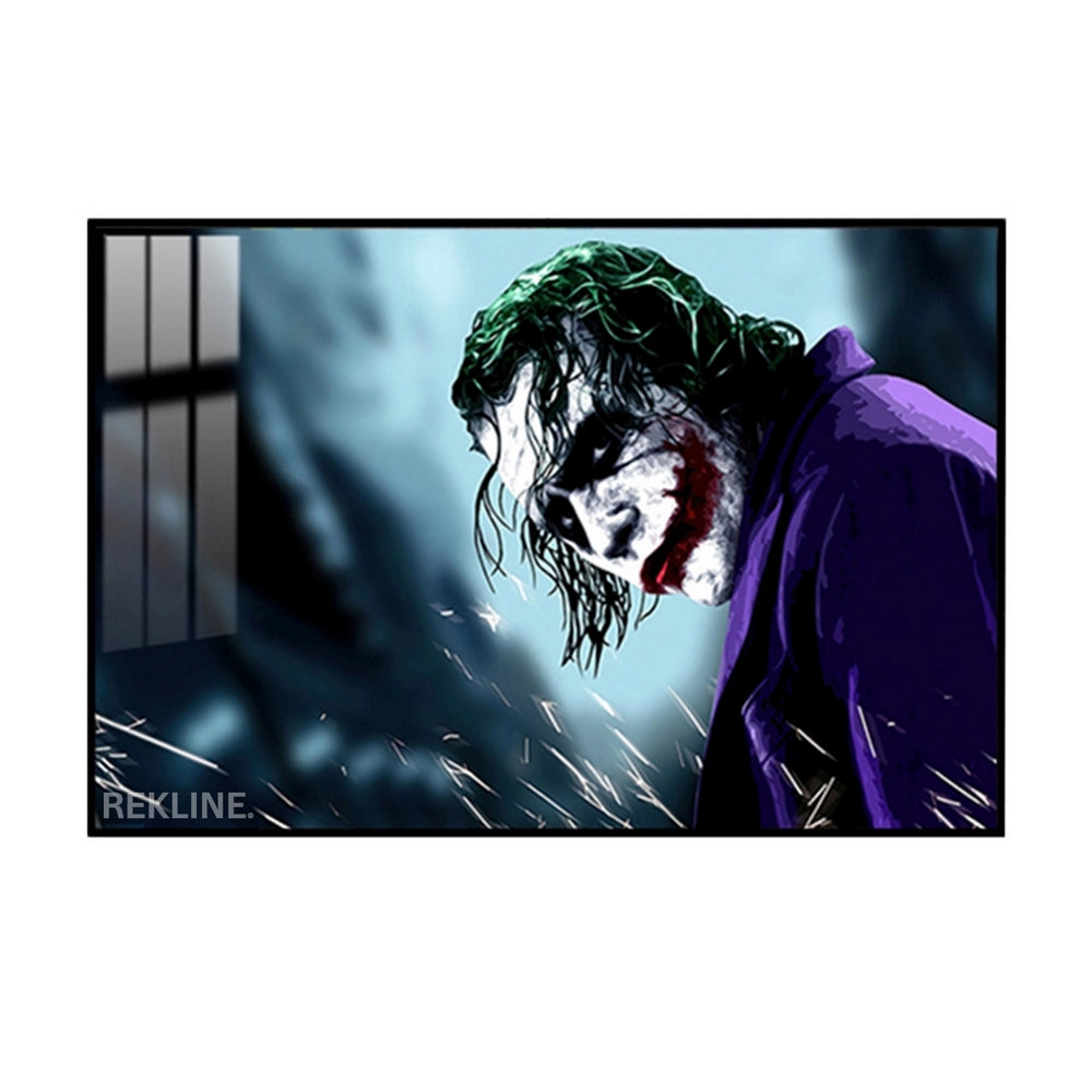 Close-up of Joker’s face with green hair, red smile, and purple coat on a dark background, backlit by LED strips