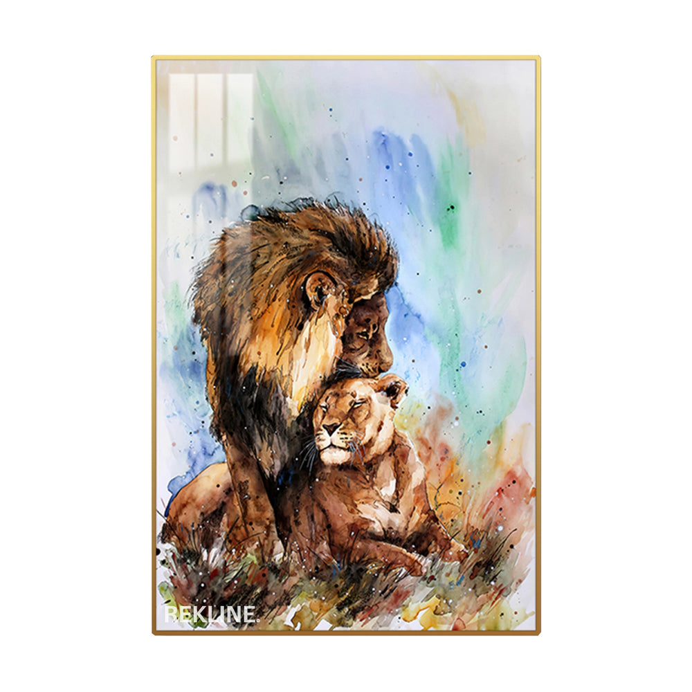 Lion Prints | LED Canvas in Gold Frame | 100×150 cm Elegant Wildlife Wall Art for Nature-Inspired Interiors | By REKLINE