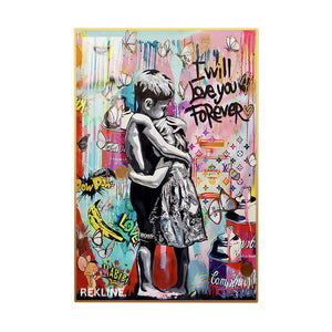 Two children hugging under “I Will Love You Forever” graffiti, illuminated by LED backlight