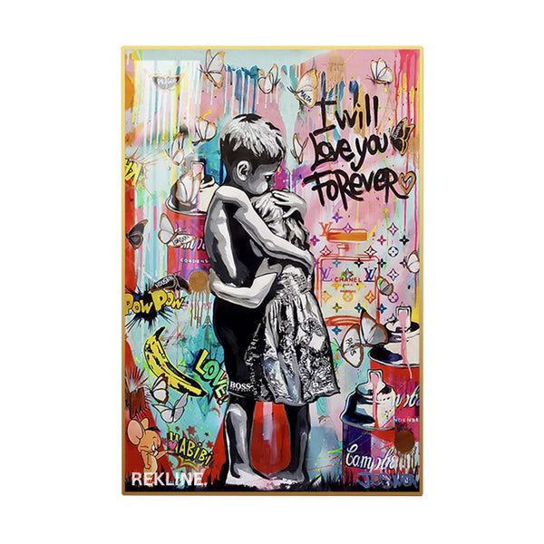 Two children hugging under “I Will Love You Forever” graffiti, illuminated by LED backlight