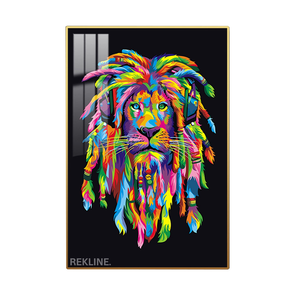 Colourful Lion Canvas | LED Wall Art with Headphones in Gold or Black Frame | 100×150 cm Pop-Inspired Centrepiece | By REKLINE
