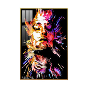 Abstract painting of a young woman’s face in swirling magenta, gold, and violet brushstrokes on a black LED-lit canvas.