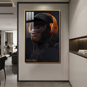 Monkey With Headphones Wall Art | LED Wall Art in Gold/Black Alloy Frame | 100 × 150 cm Large Canvas | By REKLINE