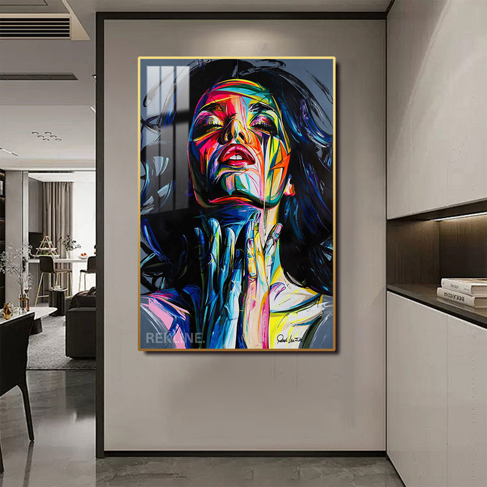 Abstract painting of a woman’s face with single-colour halo and aluminium frame