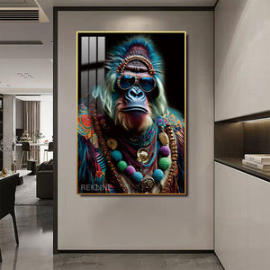 Gorilla Painting Canvas Wall Art | LED Canvas in Gold/Black Alloy Frame | 100 × 150 cm Large Canvas | By REKLINE