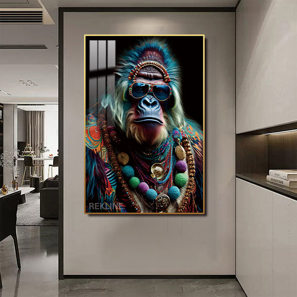 Gorilla Painting Canvas Wall Art | LED Canvas in Gold/Black Alloy Frame | 100 × 150 cm Large Canvas | By REKLINE
