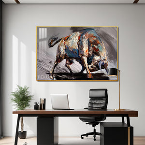 Abstract Bull Painting | LED Canvas 150×100 cm | LED-Illuminated Crystal-Porcelain Painting, Gold/Black Frame | By REKLINE