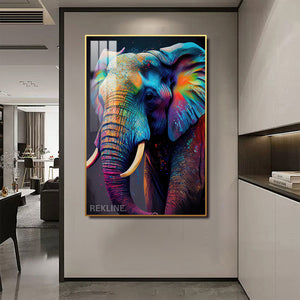 Vibrant Elephant Canvas Wall Art | Modern Painting with Remote & Plug | Led Canvas in Gold/Black Alloy Frame | 100 × 150 cm | By REKLINE