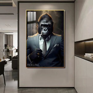 Smoking Gorilla King LED Canvas | Wall Art Painting in Gold/Black Frame Gorilla Portrait Wall Art, LED-Lit Crystal-Porcelain Painting | 100×150 cm | By REKLINE