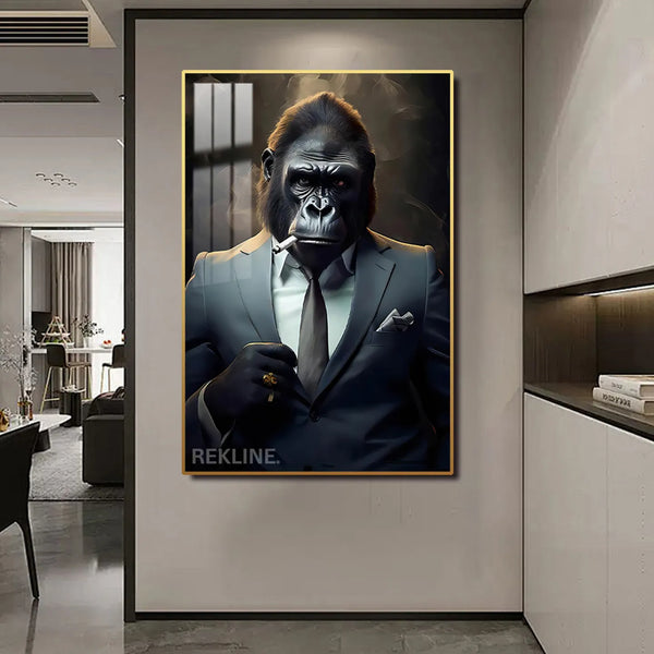 Smoking Gorilla King LED Canvas | Wall Art Painting in Gold/Black Frame Gorilla Portrait Wall Art, LED-Lit Crystal-Porcelain Painting | 100×150 cm | By REKLINE