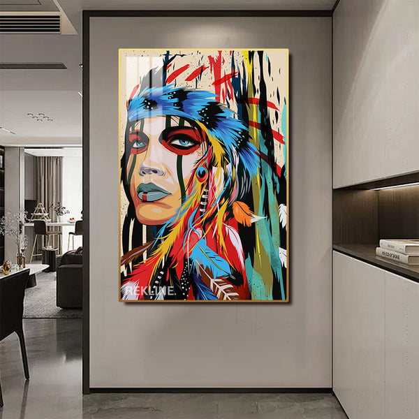 Native American Portrait LED Canvas | Colourful Feather-Headdress in Gold/Black Alloy Frame, Remote & Plug | 100 × 150 cm | By REKLINE