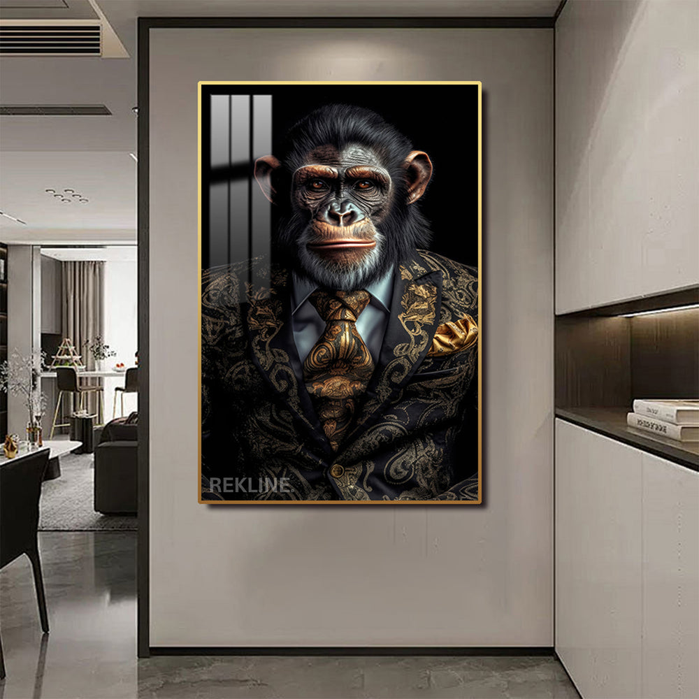 Suited chimpanzee canvas wall art with gold or black LED alloy frame, 100 × 150 cm crystal-porcelain gloss artwork by Rekline for modern interiors.