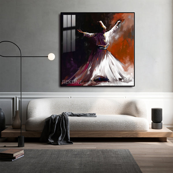 Sufi Whirling Dervish Islamic Wall Art | LED Wall Art in Gold/Black Alloy Frame | 100 × 100 cm | By REKLINE