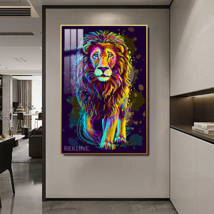 Crystal-porcelain lion head canvas print, vivid colours and illuminated halo
