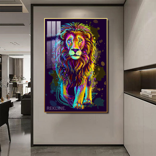 Crystal-porcelain lion head canvas print, vivid colours and illuminated halo