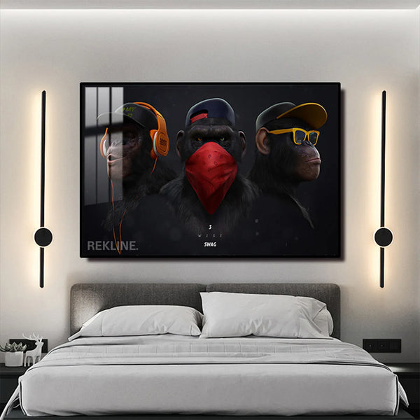 Urban Chimpanzee LED Canvas | colourful Monkey Horizontal 150×100 cm | Trio Chimp Painting, LED-Lit Crystal-Porcelain Art, Gold/Black Frame | By REKLINE
