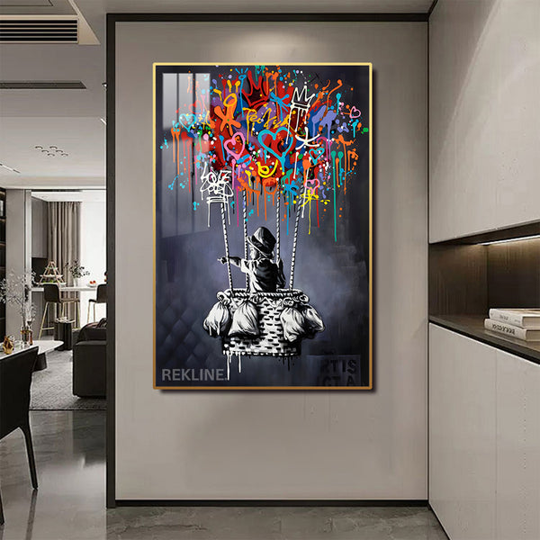 Dream Balloon LED Canvas | 100×150 cm LED-Illuminated Crystal-Porcelain Painting | Gold/Black Frame | By REKLINE