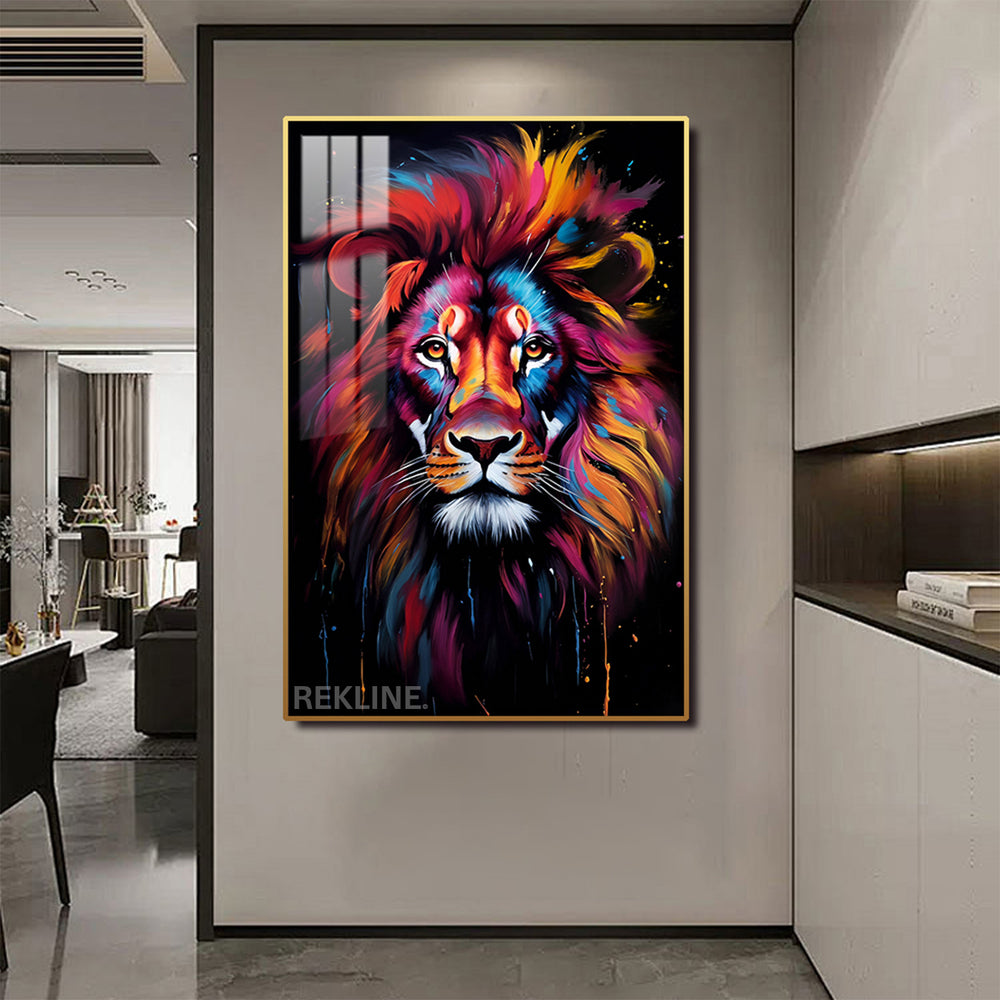 Lion Wall Art | Colourful LED Canvas with Gold or Black Frame | 100×150 cm Designed for Contemporary Interiors | By REKLINE