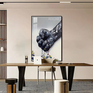 Graffiti Fist LED Canvas | 100×150 cm Urban Street Art, LED-Illuminated Crystal-Porcelain Painting, Gold/Black Frame |By REKLINE