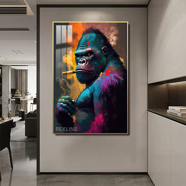Gorilla Painting Wall Art | LED Canvas with Remote-Controller in Gold/Black Alloy Frame | 100 × 150 cm | By REKLINE