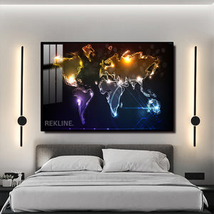 Illuminated World Map LED Canvas | Horizontal World Map Painting 100×150 cm | LED-Illuminated Crystal-Porcelain World Map Painting, Gold/Black Frame | By REKLINE
