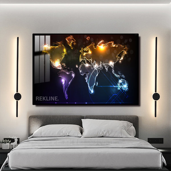 Illuminated World Map LED Canvas | Horizontal World Map Painting 100×150 cm | LED-Illuminated Crystal-Porcelain World Map Painting, Gold/Black Frame | By REKLINE