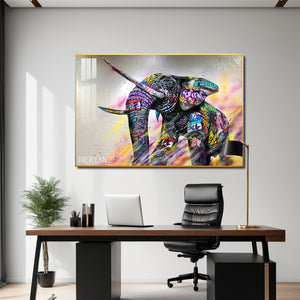 Elephant Wall Painting | Horizontal LED Canvas in Gold/Black Alloy Frame | 150 × 100 cm XL Canvas | By REKLINE