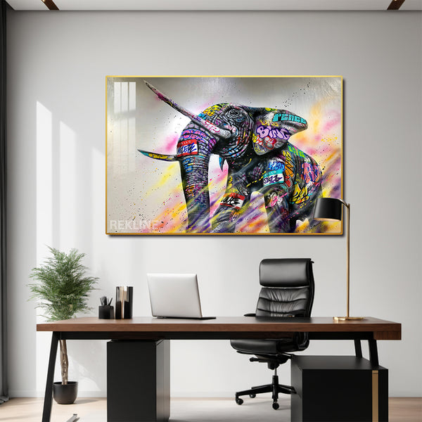 Elephant Wall Painting | Horizontal LED Canvas in Gold/Black Alloy Frame | 150 × 100 cm XL Canvas | By REKLINE