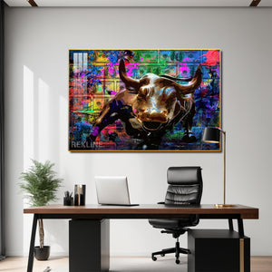 Abstract Bull LED Canvas | Abstract Painting Original Horizontal 150×100 cm Colorful Bull Wall Art | LED-Lit Crystal-Porcelain Painting, Gold/Black Frame | By REKLINE